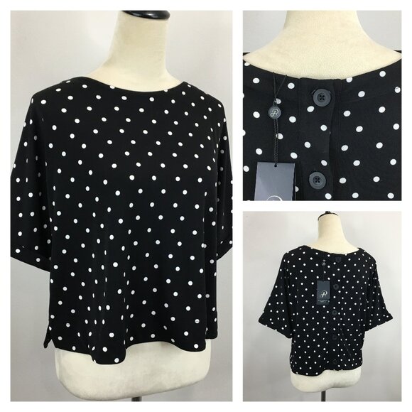NWT ADRIANNA PAPELL Cuffed Dolman Sleeve Black White Polka Dot Button Back Shirt - Picture 1 of 10